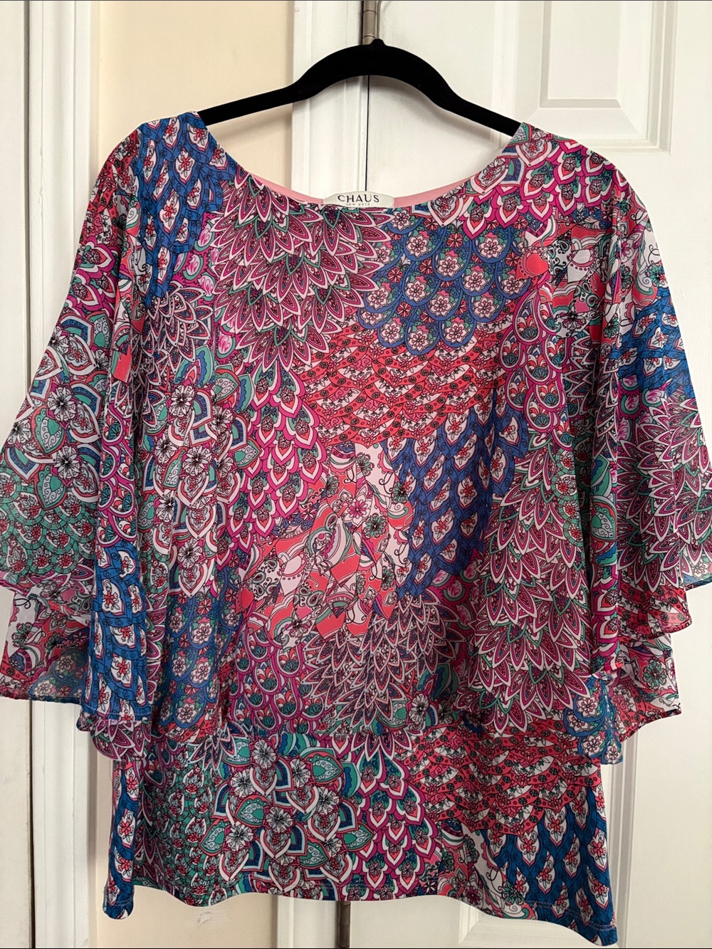 Chaus Pink and Blue Floral Flutter-Sleeve Blouse